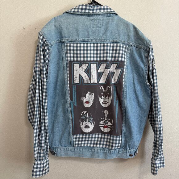 Upcycled Denim Trucker Jacket by Pepsi w/KISS Graphic & Plaid Accents Size XL - Picture 1 of 10
